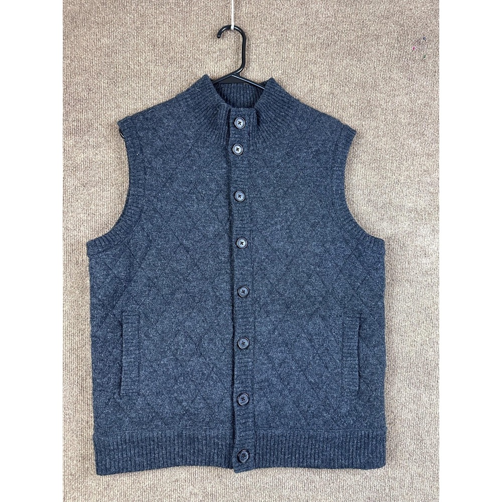 L.L. Bean Sweater Vest Mens S Gray Lambswool Mock Neck Diamond Knit Button Front